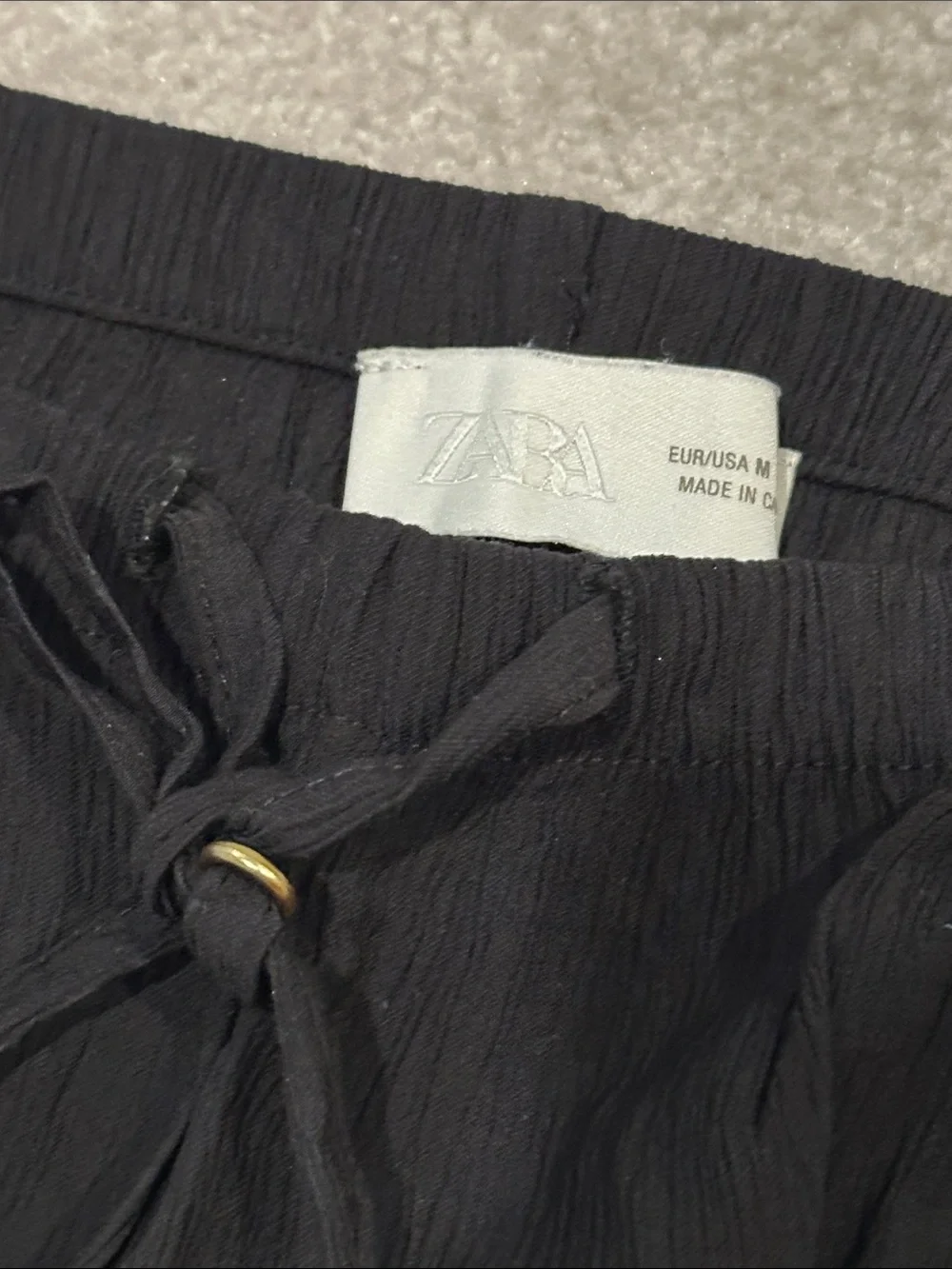 Zara Black Linen Textured Drawstring Straight-Leg Pants